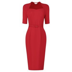 Women's Church Sheath Dresses with Belt Sweetheart Neck Formal Pencil Dress Red